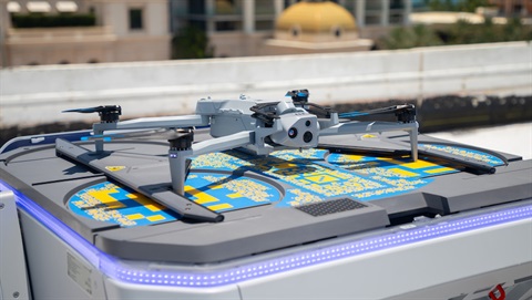 Skydio Autonomous Drone next with drone sitting on launch pad